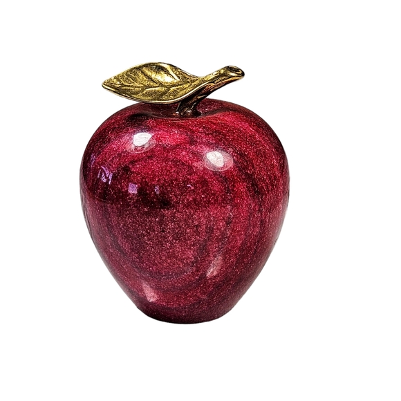 Red Polished Alabaster Marble Stone Apple w Brass Stem & Leaf Paperweight Decor - Picture 1 of 8